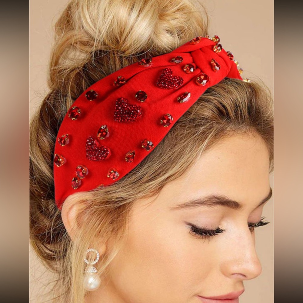 1129. Beaded jeweled heart red headband